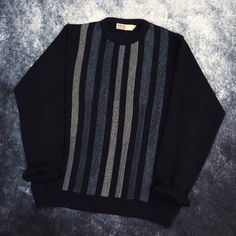 "Details: Vintage navy and blue striped crew neck grandad jumper by EWM. Made in the UK. Condition: Great Signs of wear: N/A Size: Small Measurements: Length - 26\" Pit to Pit - 21\" Shoulder to cuff - 24\"" Casual Winter Sweater With Vertical Stripes, Striped Ribbed Crew Neck Sweater, Striped Crew Neck Sweater For Winter, Classic Winter Tops With Contrast Stripes, Casual Blue Sweater With Contrast Stripes, Blue Crew Neck Sweater With Horizontal Stripes, Striped Crew Neck Sweater With Ribbed Collar, Striped Sweater With Ribbed Collar And Crew Neck, Classic Striped Crew Neck Sweater