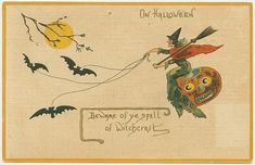 an old fashioned halloween card with a witch flying on a broom