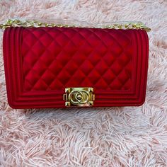 Red With Gold Shoulder Chain! Very Stylish! Pairs Perfect With My Red Slides! Red Slides, Jelly Purse, Red Jelly, Shoulder Chain, Chanel Boy Bag, Jelly, Shoulder Bags, All In One, Slides