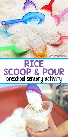 rice scoop and pour preschool science activity for kids to learn how to use spoons