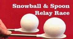 there are two balls on spoons with the words snowball and spoon relay race