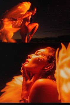 two pictures of a woman with wings in the air and on her chest, one is looking up