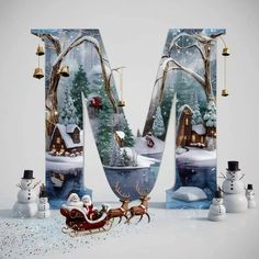 the letter m is made up of snowmen and santa's sleigh