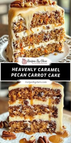 two different pictures of a cake with pecans and caramel toppings on top