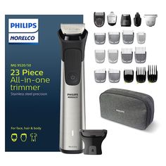 The Philips Norelco Multigroom 9000 provides stainless steel precision with 21 tools and accessories in a premium toiletry bag for a perfect beard, hair and body trim. With precision trimming guard, select length settings in 0.2 mm steps from 1 to 3 mm for a precise trim to the exact length you want. Plus three additional adjustable combs for length options from 3mm-20mm. Body Shaver, Men's Facial Hair, Perfect Beard, Mens Grooming Kit, Hair Kit, Pieces Men, Trimmer For Men, Beard Grooming, Beard Trimming