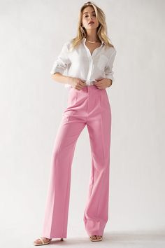 Our Pinkie pants feature: Wide leg dress pant; Back only elastic at waistband; Gorgeous pink color; Comfort fabric with minimal wrinkling. Fit is generous: model is 5'7" and wearing a size small. Also note model is wearing a heel; Color may vary depending on your monitor resolution. Pictured on model with our Shannon classic fit long sleeve button up. Pink Trousers Outfit, Wide Leg Dress Pant, Pink Pants Outfit, Wide Leg Slacks, Pink Wardrobe, Outfits Colorful, Bright Colored Outfits, Blouse Ideas, Look Rose