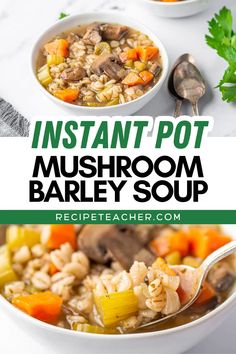 instant pot mushroom barley soup in a white bowl