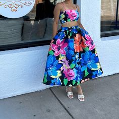 Two Piece Skirt And Crop Top Set Pockets Elastic Around The Waist And In The Back Of The Top Summer Floral Print Party Skirt, Vegan Leather Midi Skirt, Tropical Print Skirt, Pastel Skirt, Skirt And Crop Top, Scalloped Skirt, Silk Midi Skirt, Crop Top Set, Leather Midi Skirt