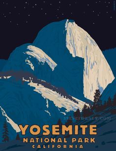 yosemite national park california poster with mountains and pine trees in the foreground