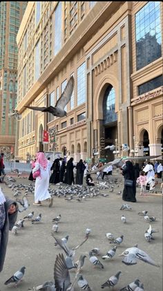 many people are walking around with pigeons in the street