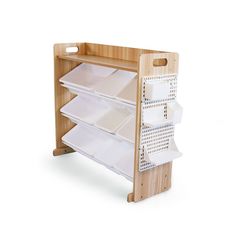 a wooden shelf with white plastic bins on the bottom and two shelves below it