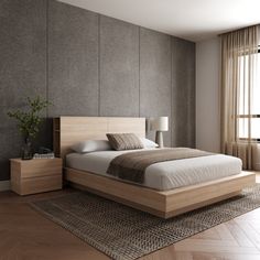 a bedroom with a bed, nightstands and large windows in it's walls