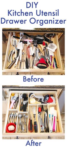 an open drawer filled with kitchen utensils before and after it was cleaned up