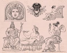 an old drawing of ancient greek women and men sitting in chairs, one holding a birdcage