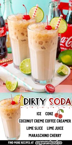 two glasses filled with ice cream sitting on top of a table next to soda bottles