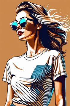 a woman with sunglasses on her face and hair blowing in the wind, wearing a t - shirt