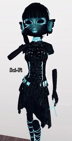 an animated image of a woman dressed in black and holding a knife to her ear