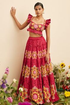 Shop for Chandrima Fuchsia Chanderi Cutwork Ruffle Sleeve Bustier for Women Online at Aza Fashions Chanderi Lehenga, Lehenga Images, Pant Saree, Photoshoot Boy, Sangeet Outfit, Trendy Outfits Indian, Punjabi Fashion, Designer Bridal Lehenga, Lehenga Online