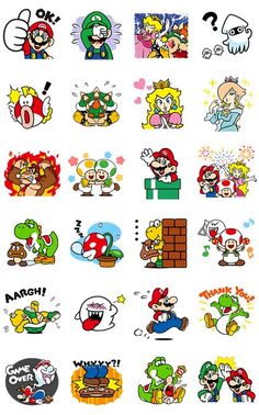 some stickers that are on the back of a cell phone, including mario and luigi