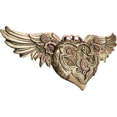 an ornate heart with wings and flowers on it's side, is shown against a white background