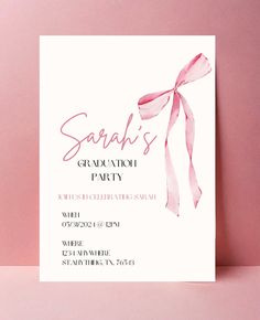 a pink and white graduation party card with a ribbon on the front that says, saah's gradulation party