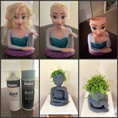 there are four pictures of dolls with hair and makeup