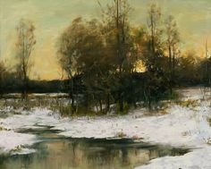 an oil painting of snow and trees in the background, with water running through it