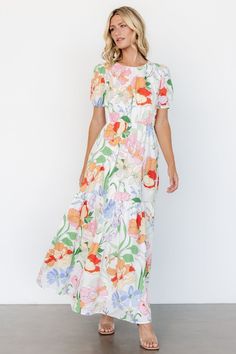 Spring Flowy Tie Back Maxi Dress, Spring Flowy Maxi Dress With Tie Back, Flowy Spring Maxi Dress With Tie Back, Flowy Tie Back Maxi Dress For Spring, Casual Maxi Dress For Spring Garden Party, Casual Spring Maxi Dress With Elastic Waistband, Spring Maxi Dress With Smocked Back, Spring Brunch Maxi Dress With Smocked Back, Multicolor Maxi Dress With Smocked Back For Garden Party