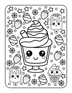 a coloring page with an image of a cupcake and ice cream on the top