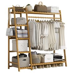 a wooden shelf with clothes and baskets on it