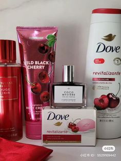 Xiaohongshu comestics dove cherry red elixir rouge Cherry Body Products, Dove Cherry And Chia Milk, Cherry Body Care, Red Skin Care, Dove Cherry, Cherry Stuff