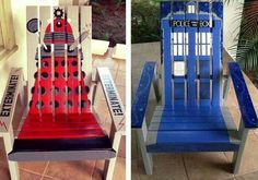 two chairs made to look like the doctor who is sitting on top of them