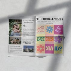 Fun, unique, and colorful newspaper-design bridesmaid proposal flower wrap template. Bridesmaid Proposal Template, Bridesmaid Proposal Flowers, Bridesmaid Proposal Ideas Unique, Wrapping A Bouquet, Bridesmaid Template, Bible Marriage, Unique Bridesmaid Proposal, Newspaper Flowers, Diy Wedding Programs