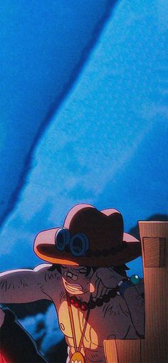 a cartoon character wearing a cowboy hat sitting on a bench in front of a blue sky