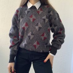 "Vintage Grandpa Sweater, 80s-90s, argyle style.  Brand name: Exppressions  CONDITION: Excellent vintage condition! 90% acrylic 10% nylon  Made in Korea  M E A S U R E M E N T S ✂ Taken one-sided, laying flat. DOUBLE for Chest ✩ Shoulders: 53 cm / 23,2 \" Chest : 100 cm / 56,6 \" Sleeve length 53 / 22\" Length: 60 cm / 25,1 \"" Hot Grandpa Sweaters, Retro Long Sleeve Argyle Sweater, Vintage Argyle Sweater For Fall, Winter Wool Sweater With Argyle Pattern, Wool Argyle Sweater For Winter, Retro Crew Neck Sweater With Argyle Pattern, Retro Crew Neck Argyle Sweater, Retro Argyle Pattern Crew Neck Sweater, 90 Style