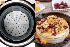 two pictures show the process of making baked goods in an electric pressure cooker, and how to cook them