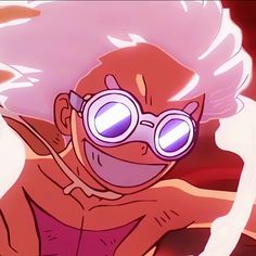 an animated image of a woman with pink hair and goggles