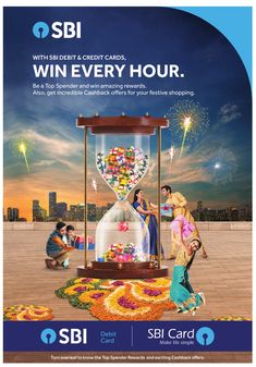 an advertisement for sbi credit cards with people standing in front of a sand clock