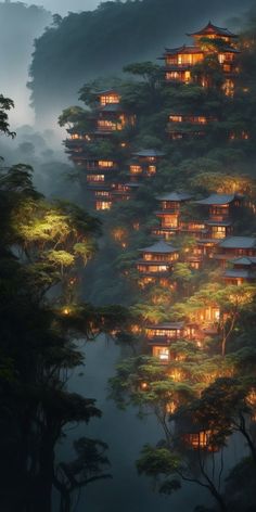 Fantasy Jungle Aesthetic, Solarpunk Wallpaper, Asian Fantasy Art, Landscape Japan, Asian Architecture, Beautiful Landscape Wallpaper