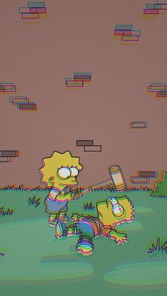 the simpsons is playing with his friends in the grass and water, while they are watching something