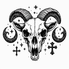 a goat skull with horns and crosses on it's head, surrounded by stars