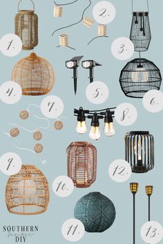 the different types of lamps hanging from wires and lightshades with numbers on them