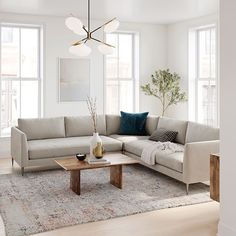 a living room filled with lots of furniture next to two large windows and a rug on the floor