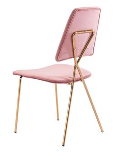 a pink chair with gold legs and a seat cushion on the back, against a white background