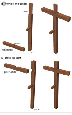 four different types of wooden crosses with names and measurements for each one, including the cross