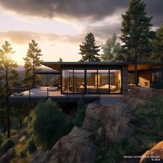 an artist's rendering of a modern house on top of a mountain at sunset