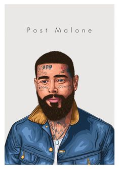 a drawing of a man with tattoos on his face and beard, wearing a blue jacket