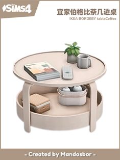 an advertisement for a coffee table with books and other items on the table, including a cell phone