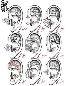 the different types of ear tattoo designs for men and women, all in black and white