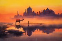 a painting of a man and a camel in front of a cityscape at sunset